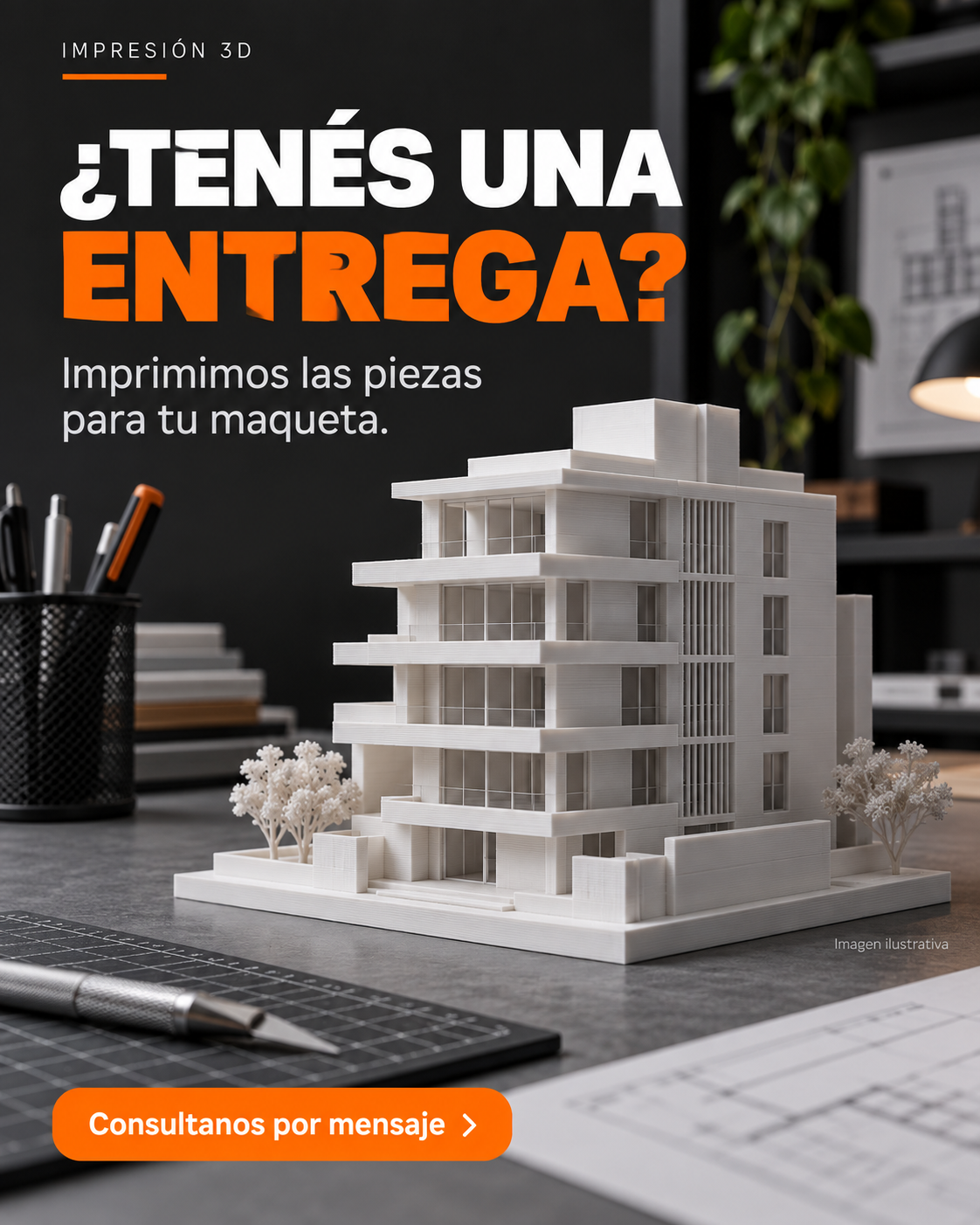 ¿Tenés una entrega? Imprimimos las piezas para tu maqueta. Edificio a escala, imagen ilustrativa. Consultanos por mensaje.